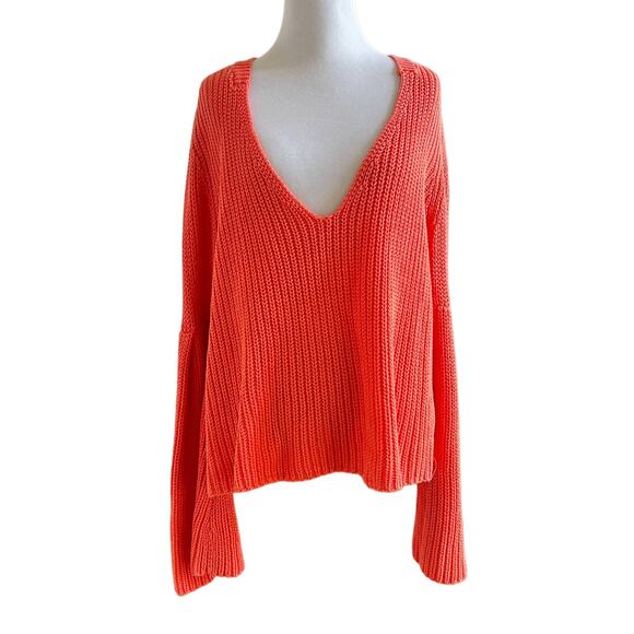 Free People Damsel Cable Knit Pullover V-Neck Sweater in Coral - Picture 2 of 9